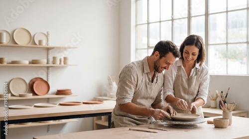 Happy Couple Making Ceramic Plates in Workshop – Creative Handmade Pottery Experience