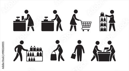 Retail cashier and customer interaction icons with cart and billing actions