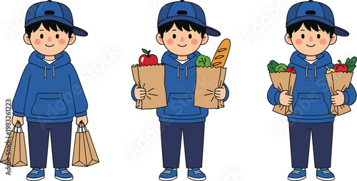 Cartoon person carrying grocery bags with fruits, vegetables, bread, healthy food shopping concept, retail consumer goods, lifestyle illustration design