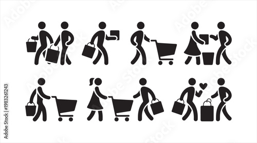 Shopping activity icons set showing people with carts and baskets in retail environment