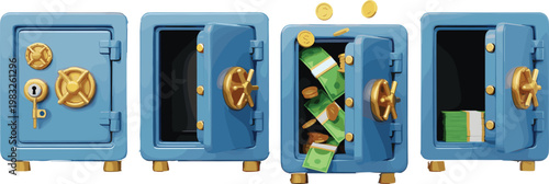 Cartoon blue safe icon collection with money storage, financial security, wealth accumulation, cash deposit, economy savings, playful banking design set