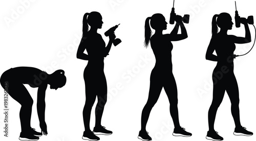 Silhouette sequence of woman using power drill, progression of construction actions showing DIY project, tool operation and ergonomic movement concept