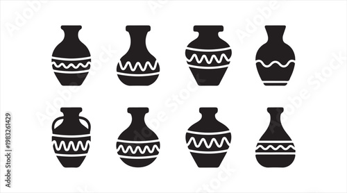 Collection of traditional clay pot silhouettes with decorative patterns isolated on white