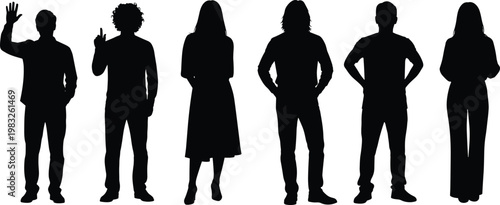 Silhouetted diverse group of people standing together in various postures, waving, peace sign, casual stances, minimalist shadow illustration