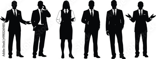 Silhouettes of business professionals in suits and skirt attire, symbolizing teamwork, corporate culture, diversity, collaboration, and professional identity