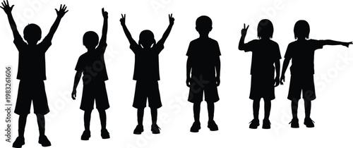 Silhouettes of children in expressive poses with raised arms, peace signs, and gestures, symbolizing playfulness, communication, and body language