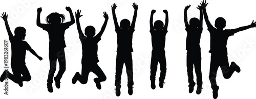 Silhouettes of children jumping with raised arms, capturing playful energy, joy, freedom, dynamic motion, and expressive childhood artwork