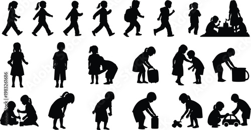 Silhouettes of children playing, walking, running, and interacting with toys, backpacks, and objects, childhood activity and social interaction illustration