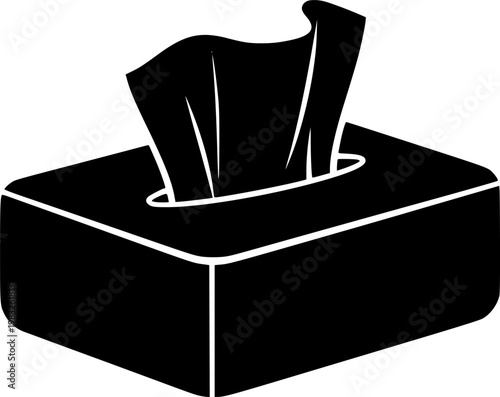Black and white flat illustration of a tissue box with a tissue sticking out isolated on white background
