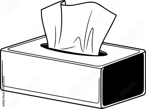 Black and white flat illustration of a tissue box with a tissue sticking out isolated on white background
