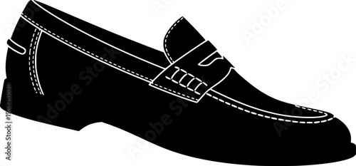 Black silhouette of a loafer shoe with white stitching on a isolated on white background
