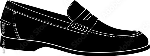 Black silhouette of a loafer shoe with white stitching on a isolated on white background
