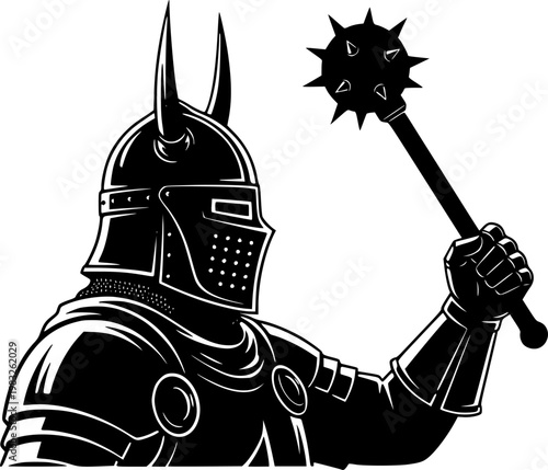 Black silhouette of a medieval knight warrior with horned helmet and spiked mace isolated on white background
