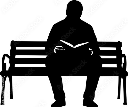 Man sitting on bench reading book silhouette black shadow isolated on white background
