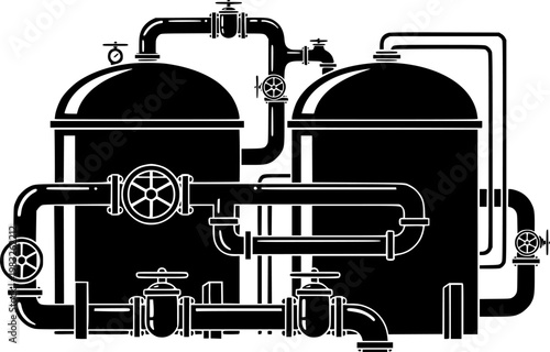 Industrial black and white flat design of two large storage tanks with pipes and valves on a isolated on white background
