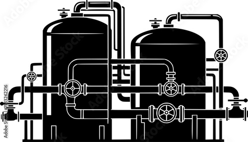 Industrial black and white flat design of two large storage tanks with pipes and valves on a isolated on white background
