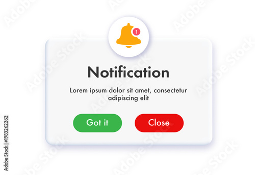 Notification popup alert ui interface window white color with button close and got it for phone app, mobile reminder, web vector
