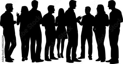 Group of people socializing in a minimalist black silhouette style against a isolated on white background
