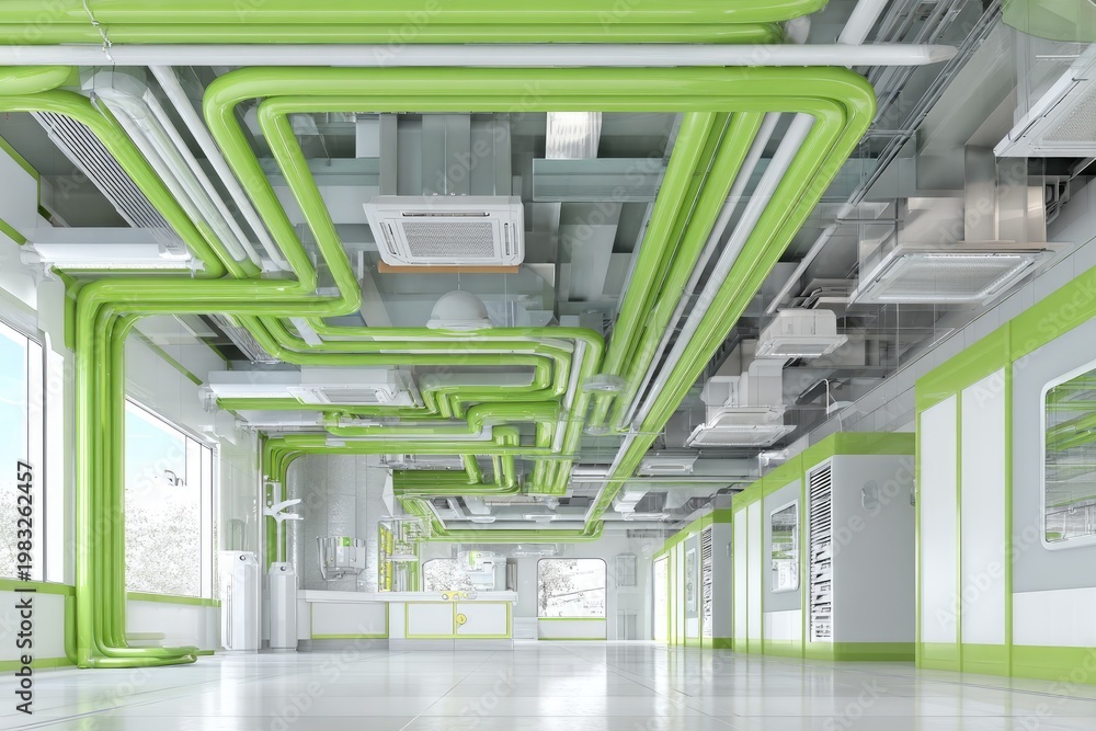 Obraz premium Modern building interior with extensive green piping and climate control systems