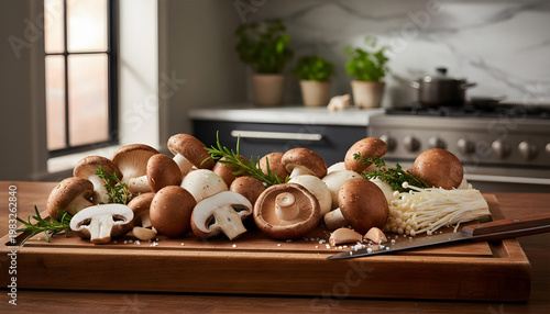 Close-up of fresh mushrooms on wooden cutting board