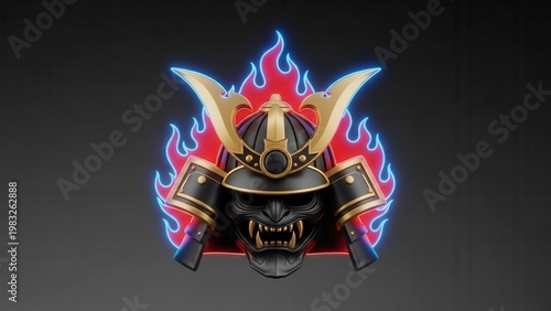 Mystical samurai helmet emblem with glowing flames representing ancient warrior spirit and fierce