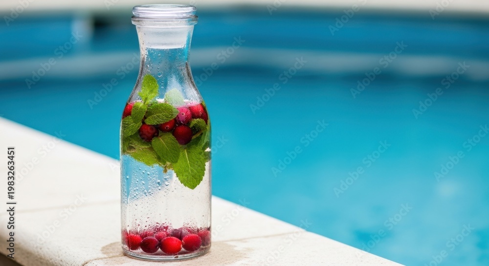 Obraz premium Cranberry Infused Water Bottle Near Pool