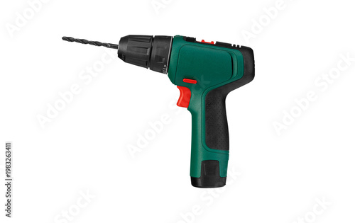 Canvas Print Portable green electric drill with a metal or wood drill bit