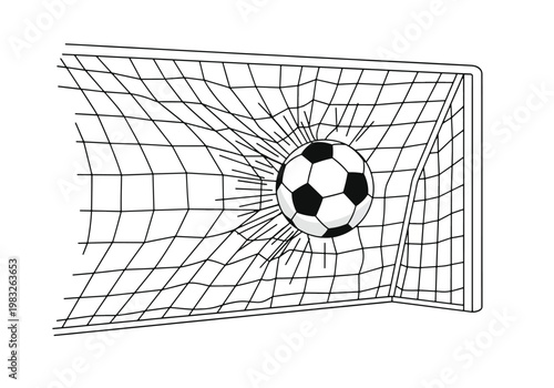 Black and white line drawing of a soccer ball scoring a goal, hitting the back of the net and causing it to bulge inwards.