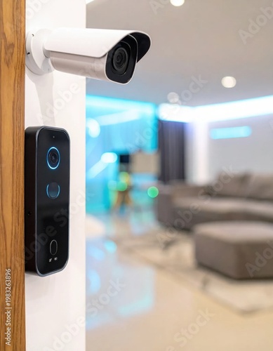 Modern security camera and smart doorbell mounted on wooden door frame, home surveillance system, house monitoring, safety protection, residential technology