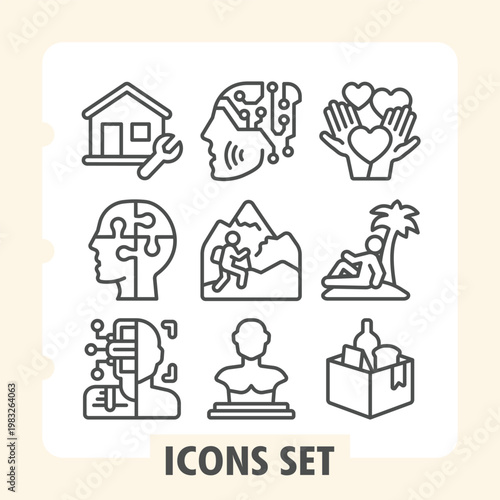 Household, puzzle head, chat bot minimalist icons set depicting real estate, travel, home items in outline style for apps and print on white background. Vector graphics. Set of nine line icons.
