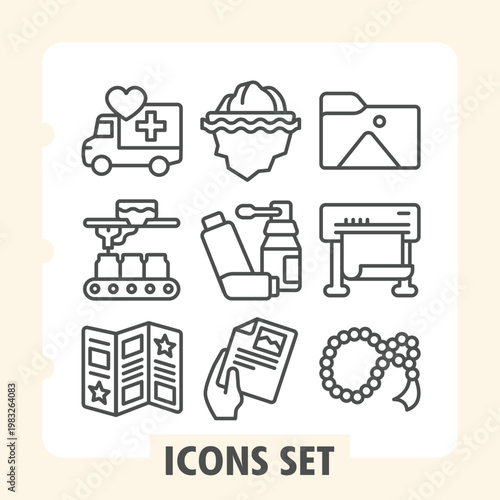 Humanitarian truck, conveyor, flyer minimalist icons set depicting delivery, shopping, education items in outline style for apps and print on white background. Vector graphics. Set of nine line icons.