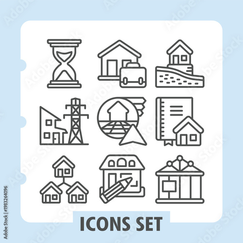 Hourglass, electricity, houses minimalist icons set featuring real estate, property, housing items in outline style for apps and print on white background. Vector graphics. Set of nine line icons.