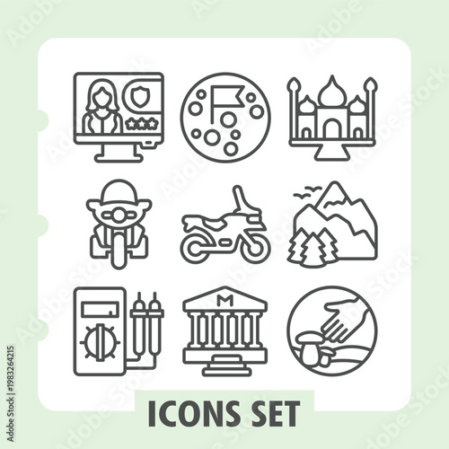 Monitor, motorcycle, tester modern icons set depicting travel, motorsport, bank and planting items in outline style for apps and print on white background. Vector graphics. Set of nine line icons.