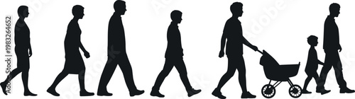 Human life stages silhouette set showing aging process from child to adult parent with stroller family growth timeline concept