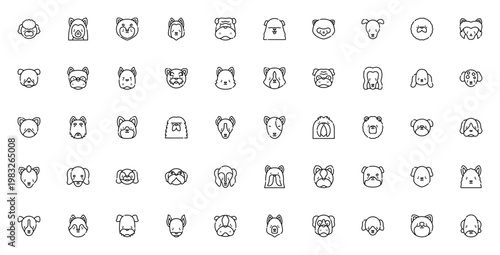 Dog breeds icon set. Vector illustration of various dogs including French Poodle, Shiba Inu, German Shepherd, Dachshund, Bulldog, and more. Minimal line icons.