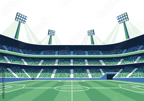 Empty football stadium with green field, tiered seating, and bright floodlights under a clear sky, ready for a match.