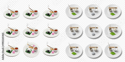 Set of offerings with incense, food, and drinks on white plates for religious rituals.