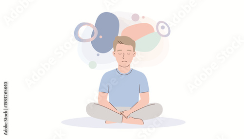 Man sitting cross-legged meditating with floating shapes around him indoors