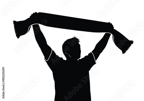 A black silhouette of a person from behind, raising a scarf above their head with both arms, symbolizing a sports fan or supporter.