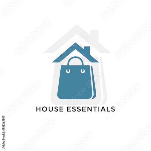 Blue shopping bag positioned inside a minimalist house outline, representing house essentials on an isolated white background.
