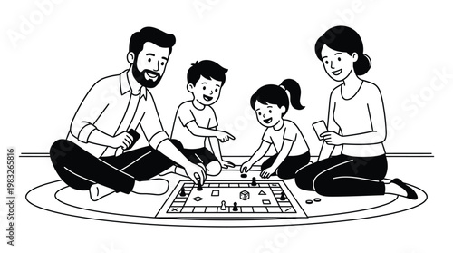 A family of four playing a board game together on the floor at home