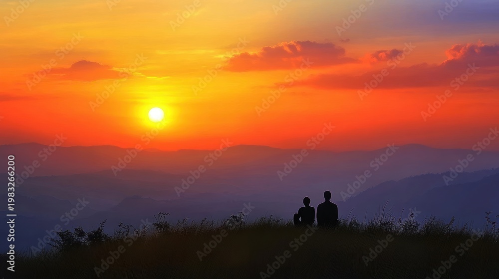 Fototapeta premium Silhouetted figures watching sunset over mountains