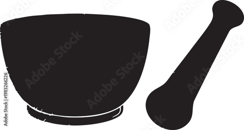 Black mortar and pestle set on white background for mixing and crushing ingredients