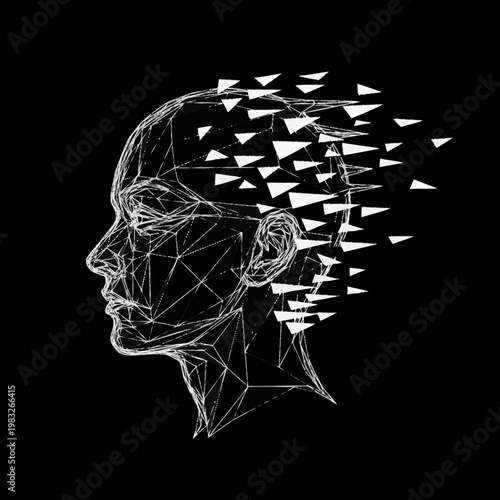 Abstract Digital Art of a Human Head Dissolving into Geometric Shapes.