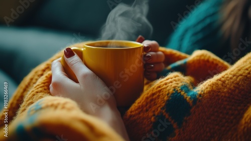 Woman holding a warm mug of coffee close up