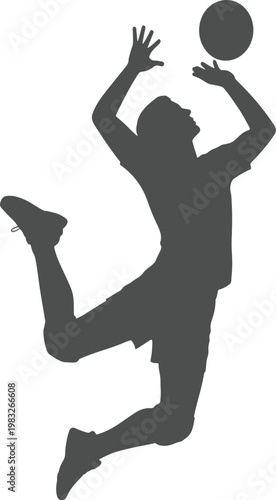 Man playing ball jumping up with arms raised and leg bent in mid air motion silhouette isolated on transparent background