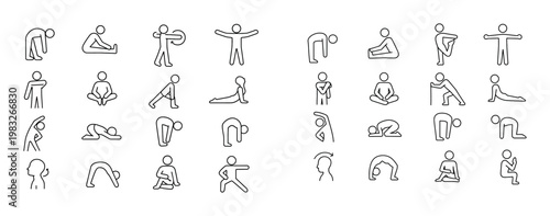 Person performing yoga poses in studio icons set