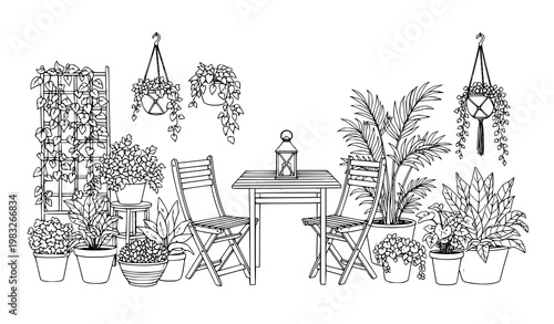 Black and white patio garden sketch with outdoor furniture plants and decorative elements vector illustration