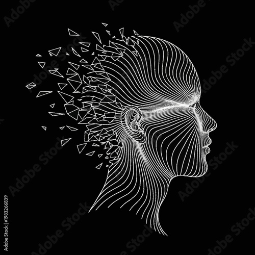 Abstract Digital Human Head Dissolving into Geometric Fragments.