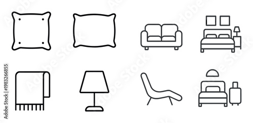 Pillows sofa and bed icons arranged in bedroom